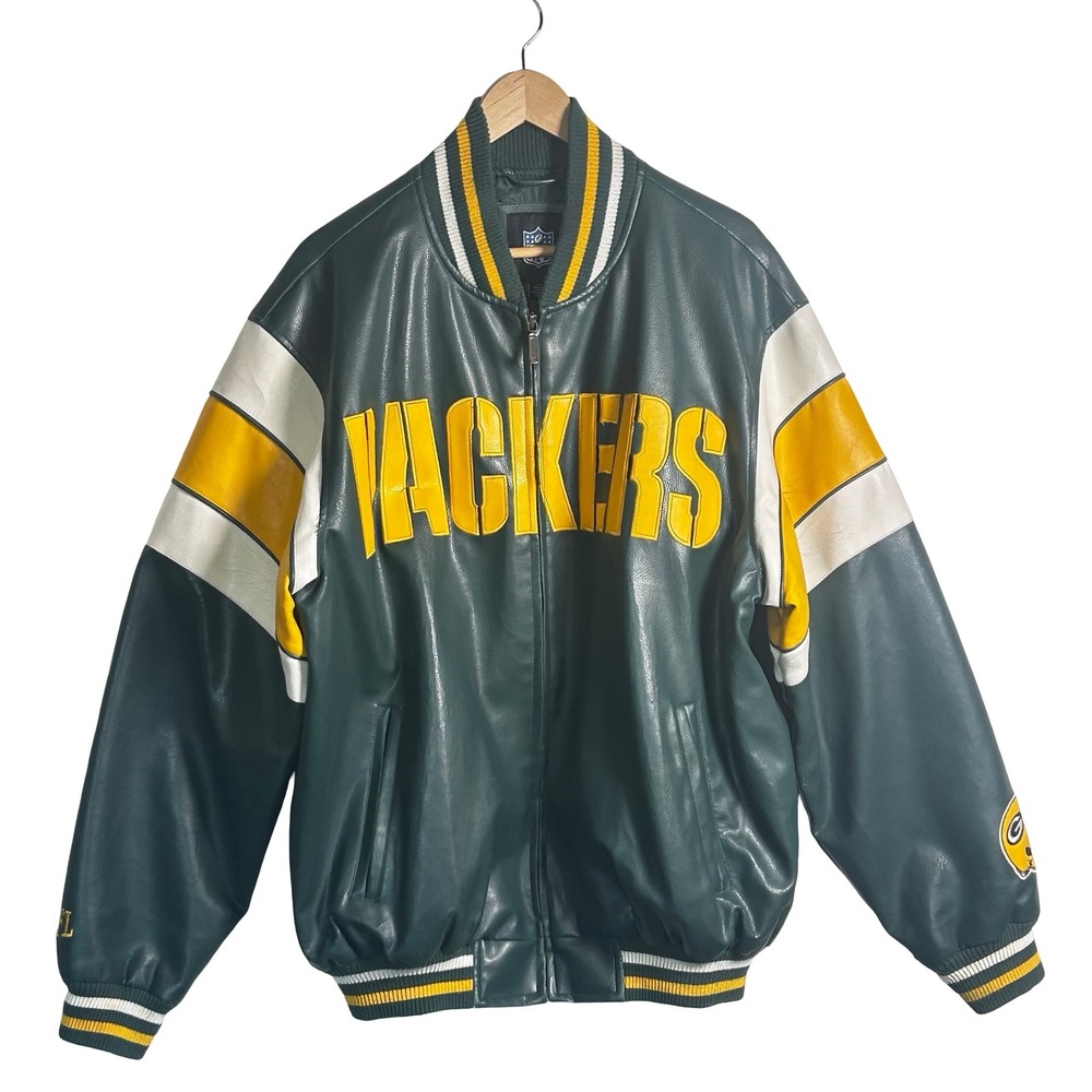 NFL Green Bay‎ Packers Vintage G-III Faux Leather Varsity Jacket Size Large 90s